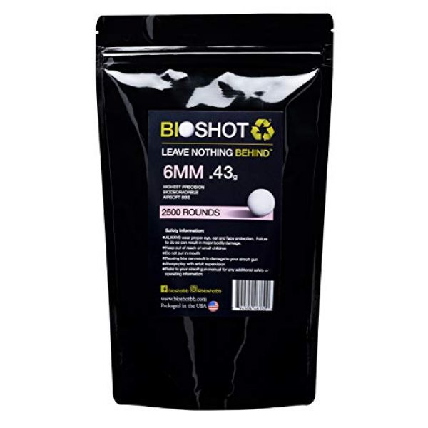 BioShot Airsoft BB 1 BioShot Biodegradable Airsoft BBS - .43g Super Slick Seamless Sniper Weight Competition Match Grade for All 6mm Airsoft Guns and Accessories (2500 Rounds, White)