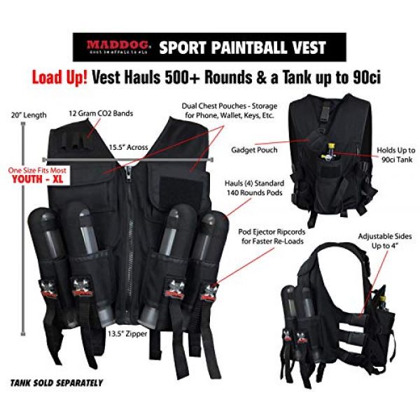 Maddog Airsoft Tactical Vest 2 Maddog Lightweight Tactical Paintball Sport Vest | Holds 4 Pods & Tank Up to 90ci