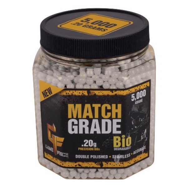 Game Face Airsoft BB 1 Game Face 20GBW5J 5000 Count Match Grade White Airsoft BBS, 0.20gm