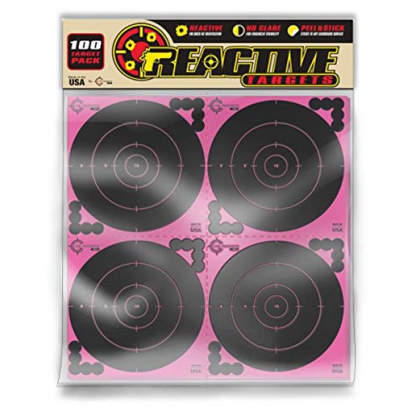 CHLTargets.com 4 Reactive Target, Adhesive Target, 6" Four Pink Bulls Eye Target - Pack Biggest Reactive/Splatter Effect Providing Visual Feedback & Easy Hit Identification, 13" H x 12.5" W