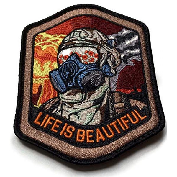 F-Bomb Morale Gear Airsoft Morale Patch 2 Life is Beautiful - Field of Poppies Reflected in M5O CBRN Gas Mask - Tactical Morale Patch with Hook-Fastener Backing