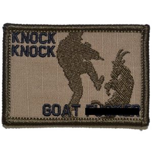Tactical Gear Junkie Airsoft Patch 1 Knock Knock Goat Fer - 2x3 Morale Patch Funny (Coyote Brown with Black)