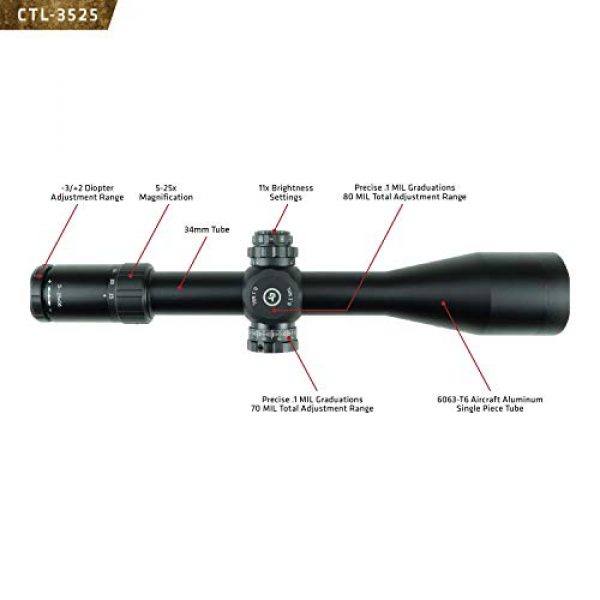 Crimson Trace Rifle Scope 3 Crimson Trace Optics Tactical Riflescope 5-25x56mm Mil/FFP with MR1-Mil with Illuminated Reticle, 3 Series CTL-3525