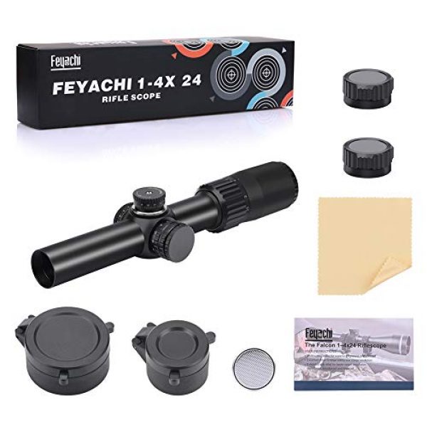 Feyachi Rifle Scope 6 Feyachi Tactical Optics Falcon 1-4x24 Rifle Scope Red Illuminated Starburst Reticle Riflescopes for Hunting Shooting, 30mm (1.2") Tube Matte Black