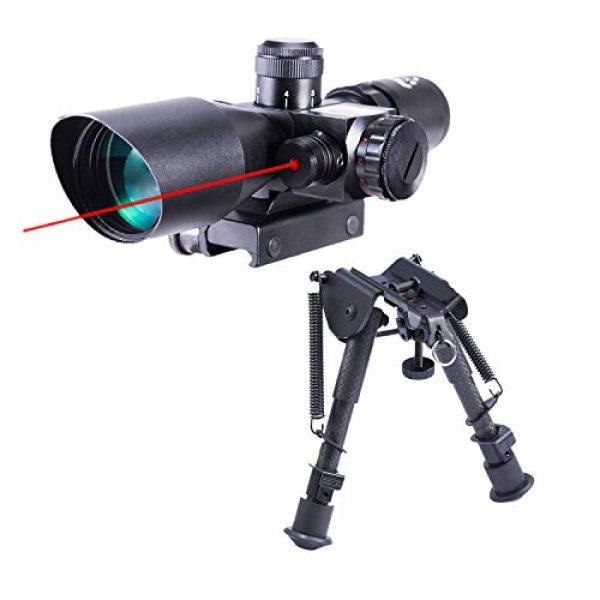 Pinty Rifle Scope 1 Pinty 2.5-10x40 Red Green Illuminated Mil-dot Tactical Rifle Scope with Red Laser Combo & Carbon Fiber Rifle Bipod with 6 inch to 9 inch Adjustable Legs & Picatinny Adapter