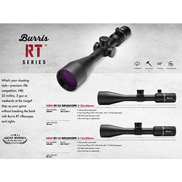 Burris Rifle Scope 3 Burris RT Series Long Range Rifle Scope with Side Parallax Adjustment and Front Focal Plane SCR Mil Reticle