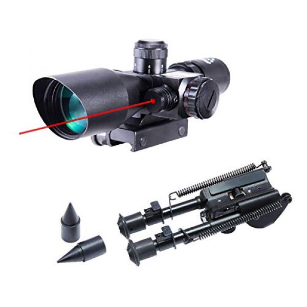 Pinty Rifle Scope 1 Pinty 2.5-10x40 Red Green Illuminated Mil-dot Tactical Rifle Scope with Red Laser Combo & Rifle Bipod with 7 inch to 9.5 inch Adjustable Legs & Spikes, Works w Picatinny Rails