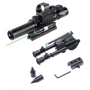 Pinty Rifle Scope 1 Pinty Rifle Scope 3-9x32 Rangefinder Illuminated Reflex Sight 4 Reticle Green Dot Laser Sight & 7 inch to 9.5 inch Rifle Bipod with Spikes, Works w Picatinny Rails