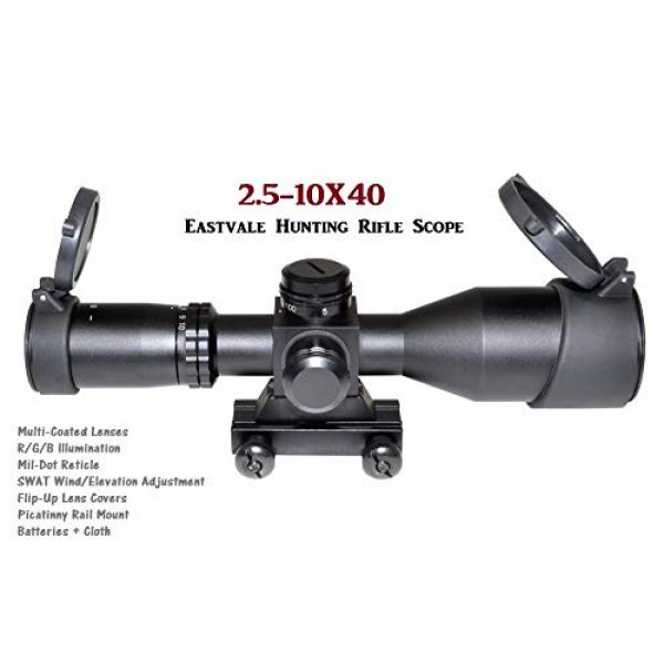 Eastvale Rifle Scope 2 Eastvale 2.5-10X40 Compact Rifle Scope with Illuminated Red, Green, Blue Mil-Dot Reticle Including Quick Detach Picatinny Mount