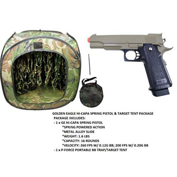 GE / JG Airsoft Pistol 2 GE / JG Hi-Capa Metal Slide Spring Powered Airsoft Pistol with Portable Airsoft BB Trap Target Tent Package (Tan)