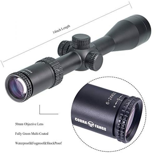 COBRA FANGS Rifle Scope 4 COBRA FANGS 6-24X50mm FFP Rifle Scope for Outdoor Hunting, FFP Tactical AO Optics RifleScope Red/Green Illuminated 1/4 MOA Mil-dot Crosshair Scope with Covers&Free Mounts
