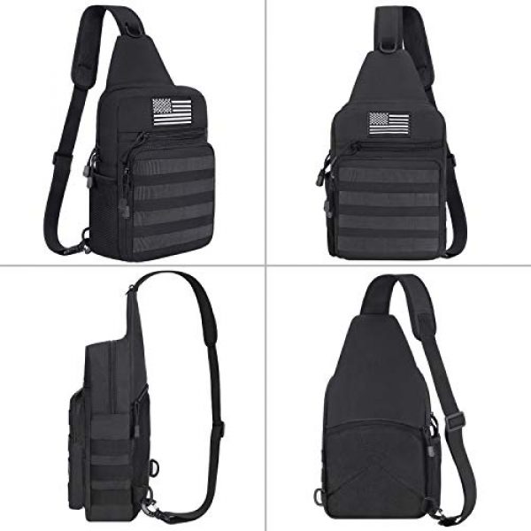MOSISO Tactical Backpack 4 MOSISO Tactical Sling Backpack, Small Chest Shoulder Bag Military Army Assault Molle Rucksack for Outdoor Sports Hiking Hunting Fishing Camping Training with USA Flag Patch & Side Bottle Holder, Black