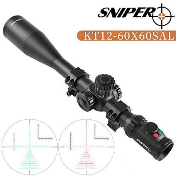 Sniper Rifle Scope 2 Sniper KT 12-60X60 SAL Rifle Scope 35mm Tube Side Parallax Adjustment Glass Etched Reticle Red Green Illuminated with Scope Rings