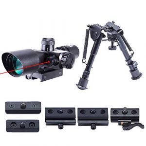 Pinty Rifle Scope 1 Pinty 2.5-10x40 Red Green Illuminated Mil-dot Tactical Rifle Scope with Red Laser Combo & Rifle Bipod with 6 inch to 9 inch Adjustable Legs, Works with Rifle Slings and Picatinny MLOK KeyMod and QD Mo