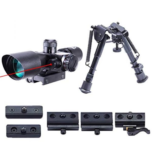Pinty Rifle Scope 1 Pinty 2.5-10x40 Red Green Illuminated Mil-dot Tactical Rifle Scope with Red Laser Combo & Rifle Bipod with 6 inch to 9 inch Adjustable Legs, Works with Rifle Slings and Picatinny MLOK KeyMod and QD Mo
