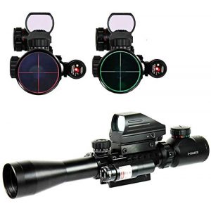 Higoo Rifle Scope 1 Higoo 3-9X40 Tactical Rifle Scope Tri-Picatinny Rail Green/Red 5 Level Illumination Mil-dot Riflescope with Holographic 4 Reticle Reflex Sight & Red Laser