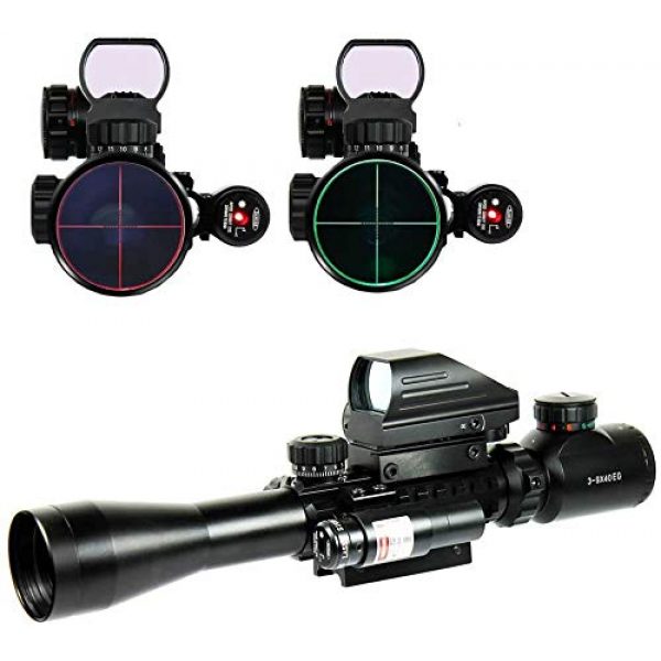Higoo Rifle Scope 1 Higoo 3-9X40 Tactical Rifle Scope Tri-Picatinny Rail Green/Red 5 Level Illumination Mil-dot Riflescope with Holographic 4 Reticle Reflex Sight & Red Laser