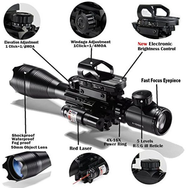 XopingABC Rifle Scope 2 Rifle Scope Combo C4-16x50EG Dual Illuminated with Laser sight 4 Holographic Reticle Red/Green Dot for Weaver/Rail Mount