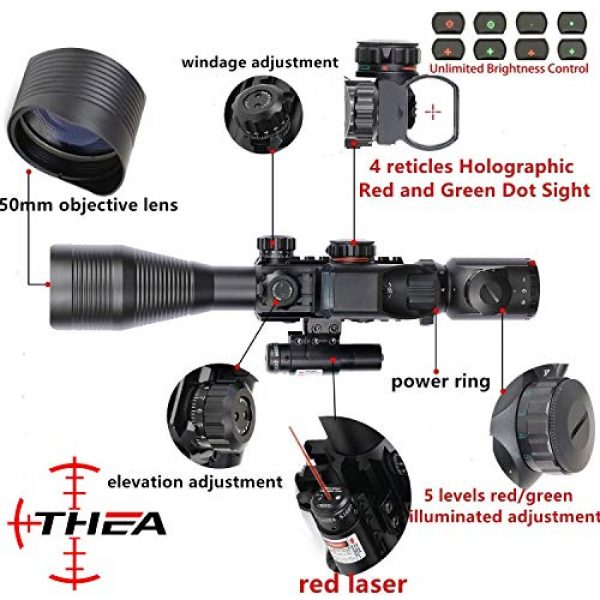 THEA Rifle Scope 6 THEA C4-12X50 Scope Dual Illuminated Reticle w/Red/Green Laser Sight and 4 Tactical Holographic Dot Reflex Sight (12 Month Warranty)