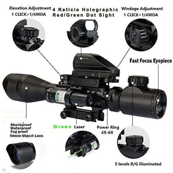 XOPin Rifle Scope 4 Hunting Rifle Scope Combo C4-12x50EG Dual Illuminated with Laser sight 4 Holographic Reticle Red/Green Dot for Weaver/Rail Mount