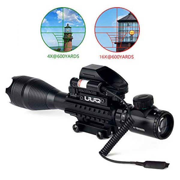 UUQ Rifle Scope 2 UUQ 4-16x50 Tactical Rifle Scope Red/Green Illuminated Range Finder Reticle W/ RED Laser Sight and Holographic Reflex Dot Sight
