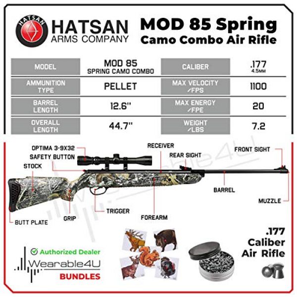 Wearable4U Air Rifle 3 Hatsan Mod 85 Spring Camo Combo Air Rifle with Wearable4U 100x Paper Targets and Lead Pellets Bundle