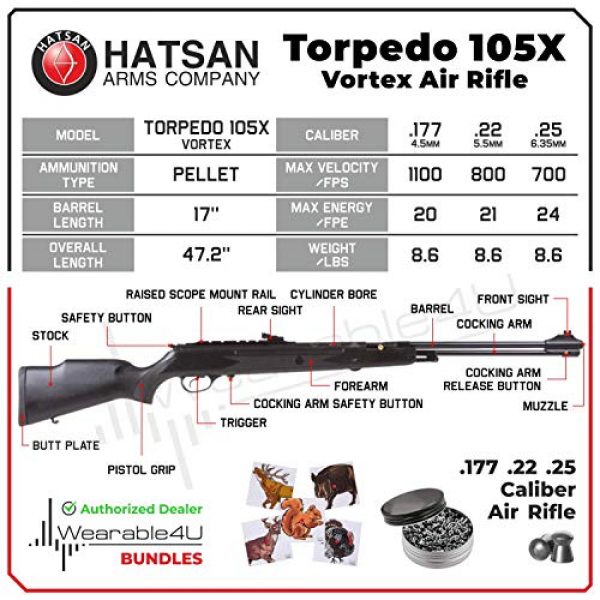 Wearable4U Air Rifle 3 Hatsan Torpedo 105X Vortex Air Rifle with Wearable4U 100x Paper Targets and Lead Pellets Bundle