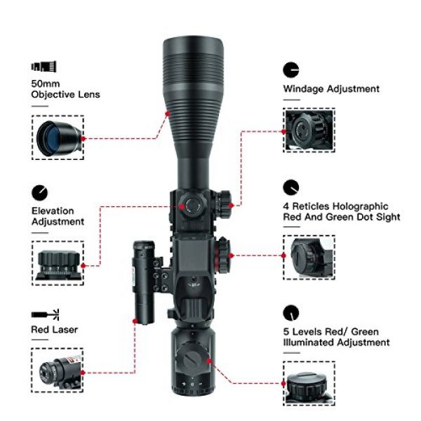 UUQ Rifle Scope 5 UUQ 4-12X50 Rifle Scope Red &Green Illuminated Range Finder Reticle W/RED Laser Sight and 4 Tactical Holographic Dot Reflex Sight