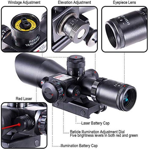 QILU Rifle Scope 4 QILU 2.5-10x40 Rifle Scope - Illuminated Red & Green Mil-dot Reticle, Red Dot Scope Airsoft Scope Reflex Sight Gun Sights with 20mm Mounts