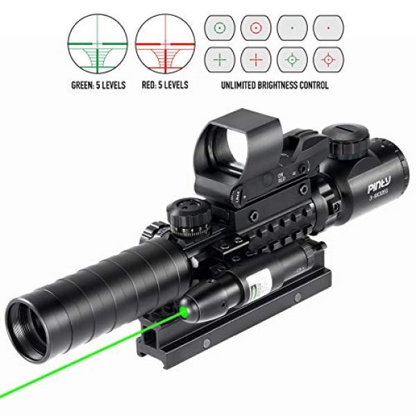 Pinty Rifle Scope 1 Pinty 3-9x32 Rifle Scope Rangefinder Illuminated Reflex Sight 4 Reticle Green Dot Laser Sight, 8 Packs