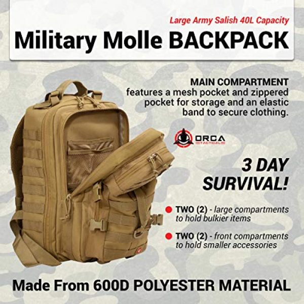 Orca Tactical Tactical Backpack 3 Orca Tactical Backpack 40L Large Military 1 to 3 Day Molle Assault Pack Rucksack Army Bag