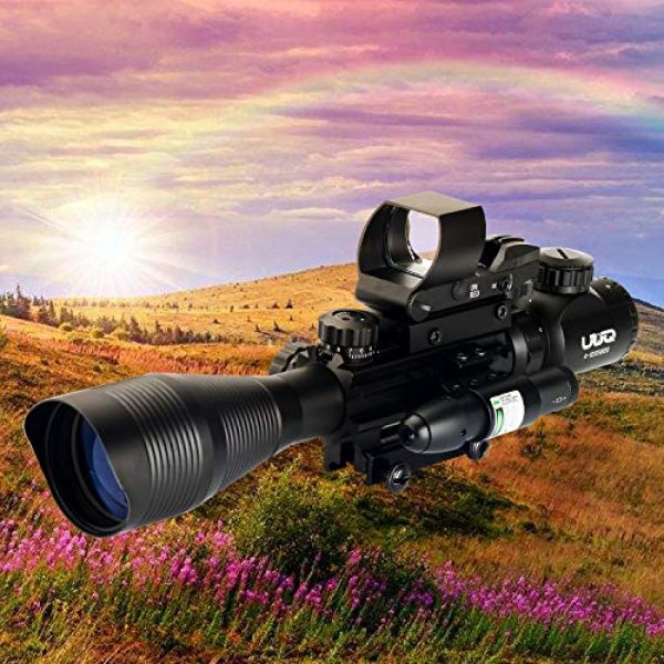 UUQ Rifle Scope 7 UUQ 4-12X50 Rifle Scope Red &Green Illuminated Range Finder Reticle W/Green Laser Sight and 4 Tactical Holographic Red Dot Reflex Sight
