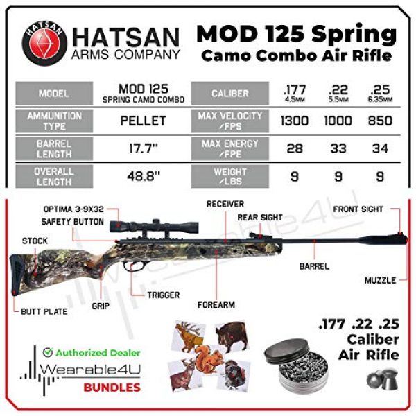 Wearable4U Air Rifle 3 Hatsan Mod 125 Spring Camo Combo Air Rifle with Wearable4U Paper Targets and Lead Pellets Bundle