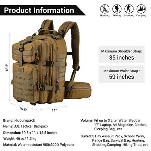 RUPUMPACK Tactical Backpack 4 RUPUMPACK Military Tactical Backpack Army MOLLE Hydration Bag 3 Day Rucksack Outdoor Hiking School Daypack 33L