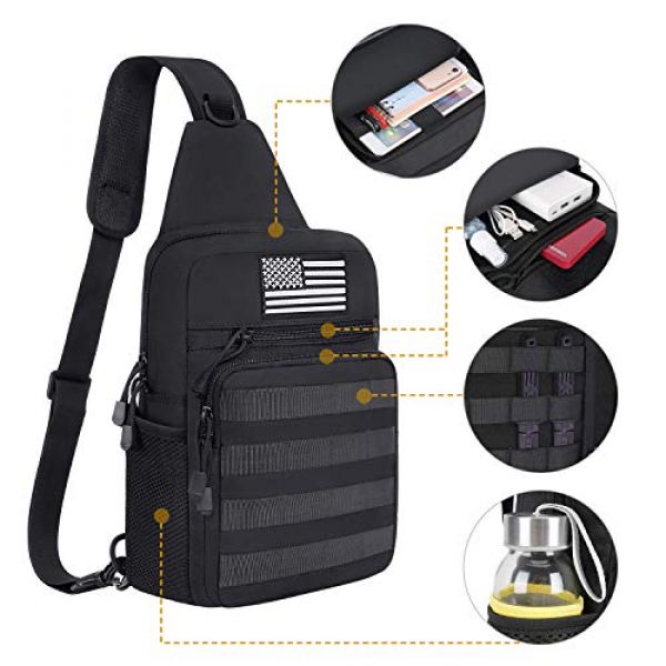 MOSISO Tactical Backpack 2 MOSISO Tactical Sling Backpack, Small Chest Shoulder Bag Military Army Assault Molle Rucksack for Outdoor Sports Hiking Hunting Fishing Camping Training with USA Flag Patch & Side Bottle Holder, Black