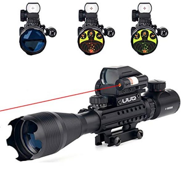 UUQ Rifle Scope 1 UUQ 4-16x50 Tactical Rifle Scope Red/Green Illuminated Range Finder Reticle W/ RED Laser Sight and Holographic Reflex Dot Sight