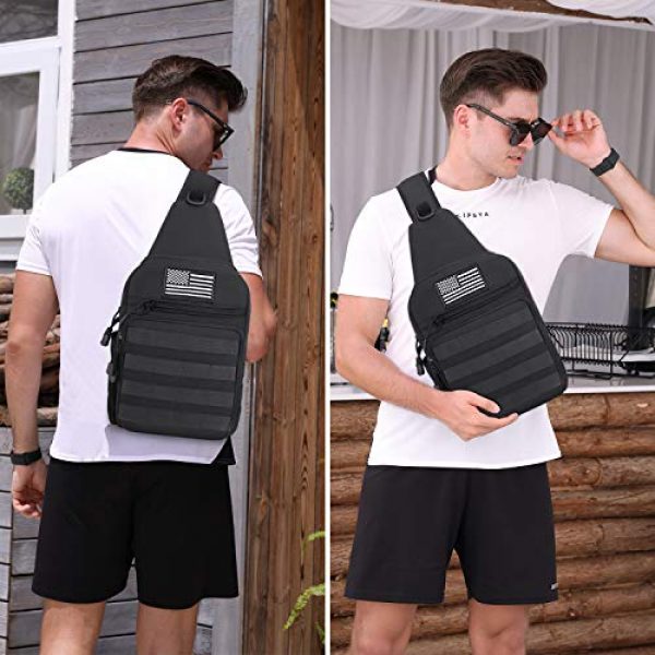 MOSISO Tactical Backpack 6 MOSISO Tactical Sling Backpack, Small Chest Shoulder Bag Military Army Assault Molle Rucksack for Outdoor Sports Hiking Hunting Fishing Camping Training with USA Flag Patch & Side Bottle Holder, Black