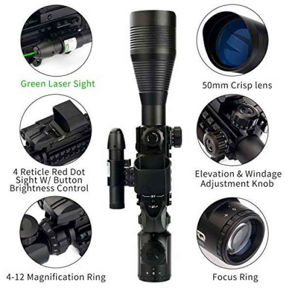 UUQ Rifle Scope 6 UUQ 4-12X50 Rifle Scope Red &Green Illuminated Range Finder Reticle W/Green Laser Sight and 4 Tactical Holographic Red Dot Reflex Sight