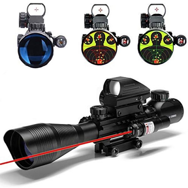 UUQ Rifle Scope 1 UUQ 4-12X50 Rifle Scope Red &Green Illuminated Range Finder Reticle W/RED Laser Sight and 4 Tactical Holographic Dot Reflex Sight