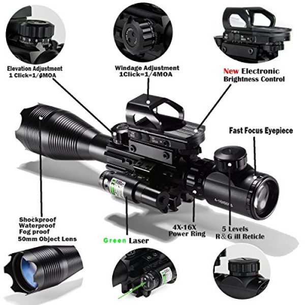 XOPin Rifle Scope 3 Hunting Rifle Scope Combo C4-16x50EG Dual Illuminated with Green Laser sight and 4 Holographic Reticle Red/Green Dot for 22mm Weaver/Rail Mount (Green Laser)