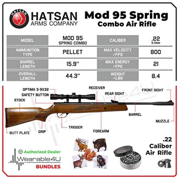 Wearable4U Air Rifle 3 Hatsan Mod 95 Spring Combo Air Rifle with Wearable4U 100x Paper Targets and Lead Pellets Bundle