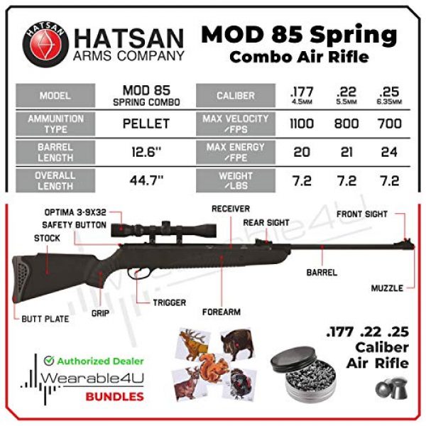 Wearable4U Air Rifle 3 Hatsan Mod 85 Spring Combo Air Rifle with Wearable4U 100x Paper Targets and Lead Pellets Bundle