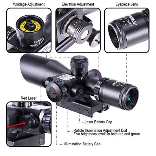 Pinty Rifle Scope 3 Pinty 2.5-10x40 Red Green Illuminated Mil-dot Tactical Rifle Scope with Red Laser Combo & Rifle Bipod with 6 inch to 9 inch Adjustable Legs, Works with Rifle Slings and Picatinny MLOK KeyMod and QD Mo