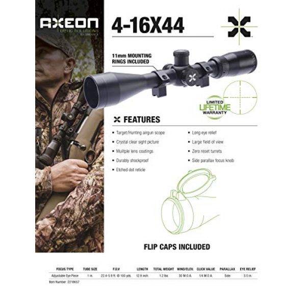 AXEON Rifle Scope 5 AXEON Optics 4-16x44mm EDR Etched Dot Reticle Adjustable Parallax Rifle Scope for Hunting - Includes 11mm Gun Scope Mounting Rings, Black