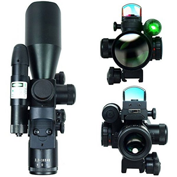UUQ Rifle Scope 3 UUQ 2.5-10x40 Clarity+ Combo Rifle Scope Dual Illuminated Mil-dot W/Green Laser and Mini Reflex 3 MOA Red Dot Sight