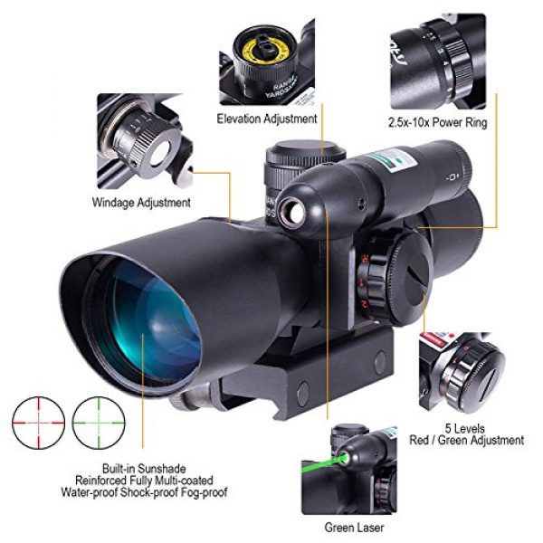 UUQ Rifle Scope 7 UUQ 2.5-10x40 Clarity+ Combo Rifle Scope Dual Illuminated Mil-dot W/Green Laser and Mini Reflex 3 MOA Red Dot Sight