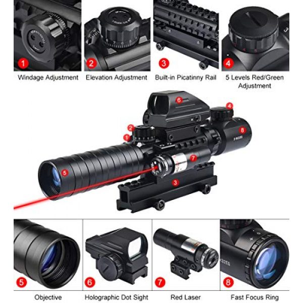 MidTen Rifle Scope 3 MidTen 3-9x32 Tactical Rifle Scope Dual Illuminated Optics & Rangefinder Illuminated Reflex Sight 4 Holographic Reticle Red/Green Dot Sight & IIIA/2MW Laser Sight(Red)
