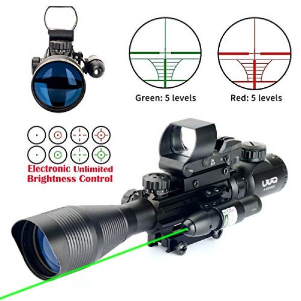 UUQ Rifle Scope 1 UUQ 4-12X50 Rifle Scope Red &Green Illuminated Range Finder Reticle W/Green Laser Sight and 4 Tactical Holographic Red Dot Reflex Sight