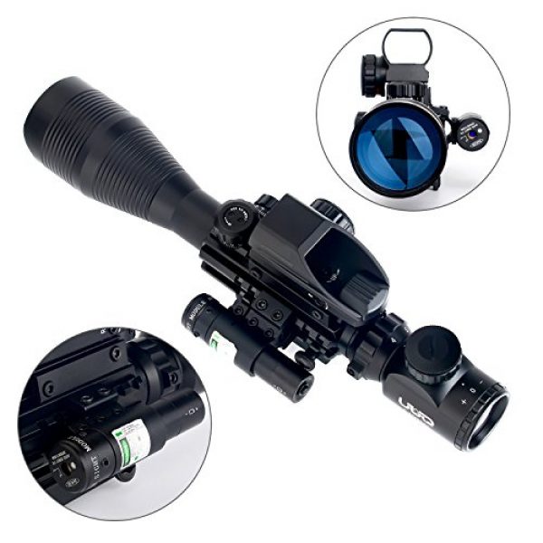 UUQ Rifle Scope 4 UUQ 4-12X50 Rifle Scope Red &Green Illuminated Range Finder Reticle W/RED Laser Sight and 4 Tactical Holographic Dot Reflex Sight