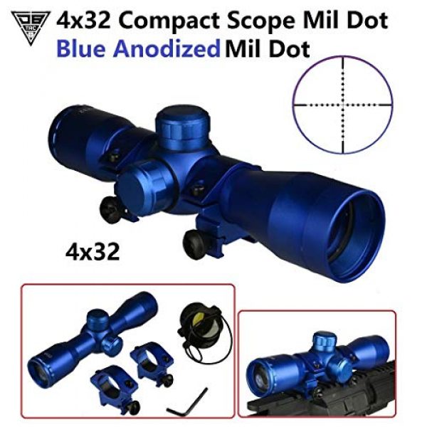 DB TAC INC Rifle Scope 3 DB TAC Blue Anodize Finished 4X32 Compact Mil-Dot Scope with Rings Weaver/Picatinny Mount